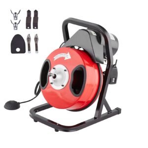 Drain Cleaner Machine 50FT x 1/2 Inch, Manual Feed Sewer Snake Auger - with 4 Cutters & Air-activated Foot Switch for 2" to 4" Pipes