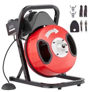 drain cleaner machine 50ft x 1/2 inch, manual feed sewer snake auger with 4 cutters & air activated foot switch for 2" to 4" pipes