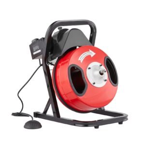 drain cleaner machine 50ft x 1/2 inch, manual feed sewer snake auger with 4 cutters & air activated foot switch for 2" to 4" pipes