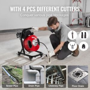 drain cleaner machine 50ft x 1/2 inch manual feed snake auger with wheels