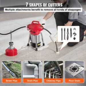 drain cleaner machine 66ft x 5/8 inch, 250w electric sewer snake auger manual feed with 2 sectional steel cables (66' x 5/8" and 15' x 3/8"), 7 cutters and cw/ccw control for 1.6" to 4" pipes