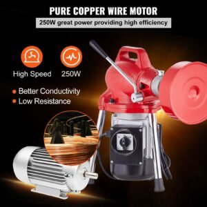 drain cleaner machine 66ft x 5/8 inch, 250w electric sewer snake auger manual feed with 2 sectional steel cables (66' x 5/8" and 15' x 3/8"), 7 cutters and cw/ccw control for 1.6" to 4" pipes