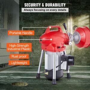 drain cleaner machine 66ft x 5/8 inch, 250w electric sewer snake auger manual feed with 2 sectional steel cables (66' x 5/8" and 15' x 3/8"), 7 cutters and cw/ccw control for 1.6" to 4" pipes