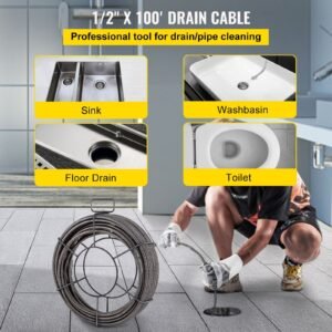 drain cleaning cable 100 feet x 1/2 inch solid core cable sewer cable drain auger cable cleaner snake clog pipe drain cleaning cable sewer drain auger snake pipe