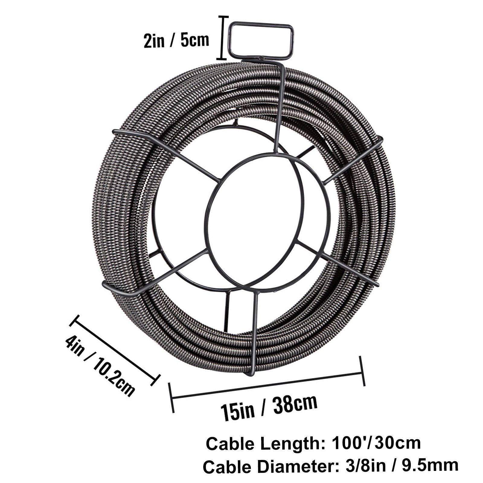 drain cleaning cable 100 ft x 3/8 inch, solid core steel sewer cable with 4 cutter for 2" to 4" pipes, sewer auger cleaner cable for sink, floor drain, toilet