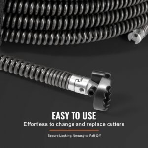 drain cleaning cable 66 ft x 5/8 inch, professional sectional drain cleaner cable with 7 cutters for 0.8" to 3.9" pipes, hollow core sewer drain auger cable for sink, floor drain, toilet