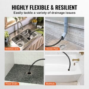drain cleaning cable 66 ft x 5/8 inch, professional sectional drain cleaner cable with 7 cutters for 0.8" to 3.9" pipes, hollow core sewer drain auger cable for sink, floor drain, toilet