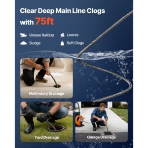 drain cleaning cable 75 feet x 1/2 inch solid core cable sewer cable drain auger cable cleaner snake clog pipe drain cleaning cable sewer drain auger snake pipe