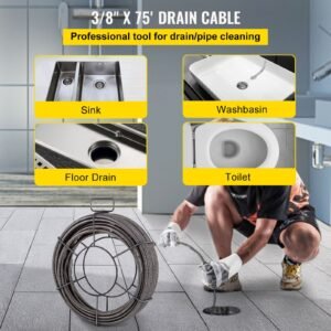 drain cleaning cable 75 feet x 3/8 inch solid core cable sewer cable drain auger cable cleaner snake clog pipe drain cleaning cable sewer drain auger snake pipe