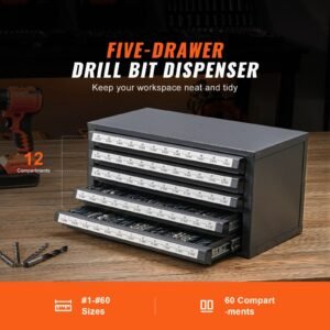 drill bit dispenser cabinet, five drawer drill bit organizer cabinet for #1 to #60 steel drill dispenser organizer cabinet with labels, stackable drill dispenser for drill bit storage