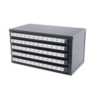 drill bit dispenser cabinet, five drawer drill bit organizer cabinet for 33/64" to 63/64" steel drill dispenser organizer cabinet with labels, stackable drill dispenser for drill bit storage