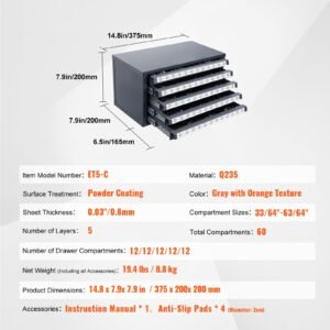 drill bit dispenser cabinet, five drawer drill bit organizer cabinet for 33/64" to 63/64" steel drill dispenser organizer cabinet with labels, stackable drill dispenser for drill bit storage