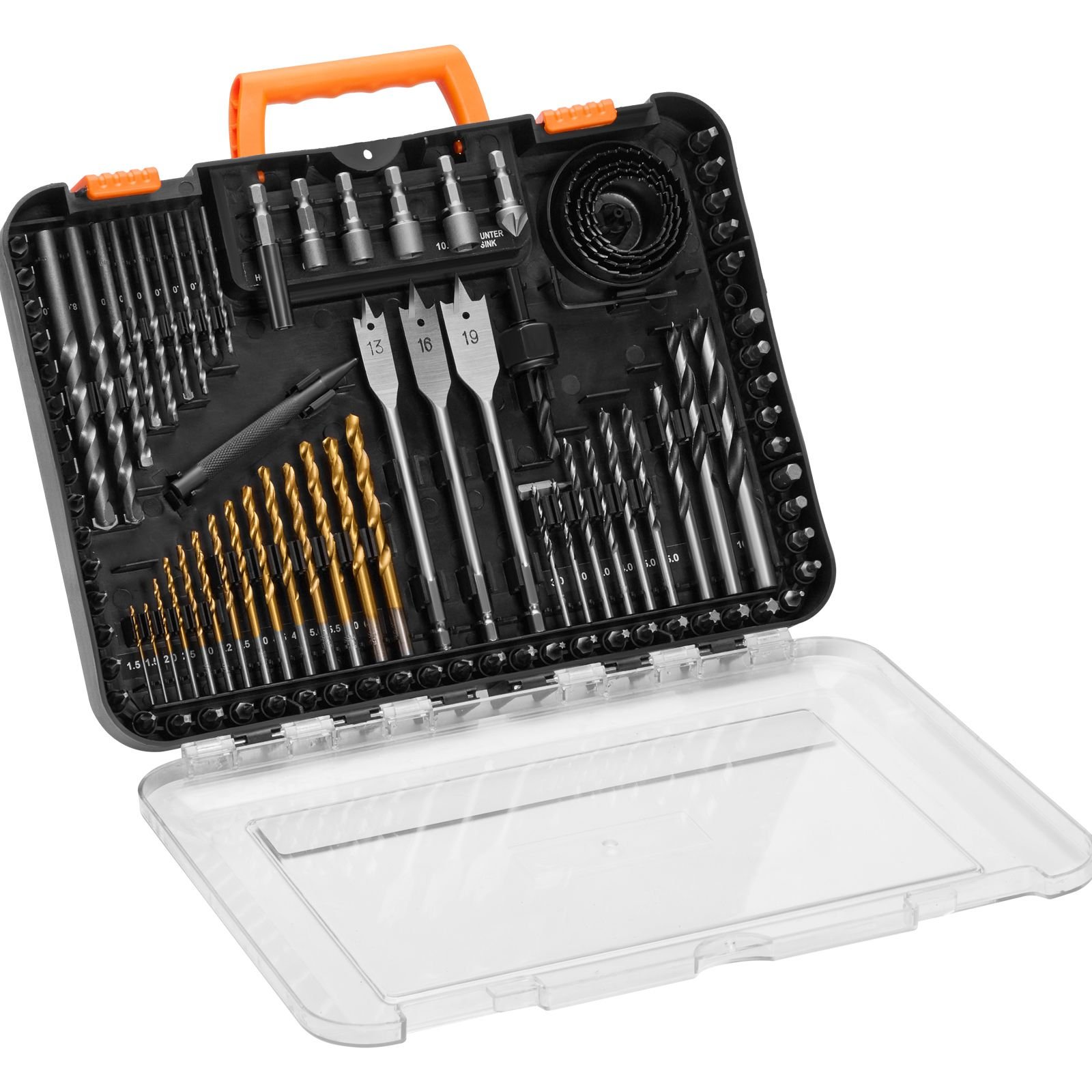 drill bit set, 100 pieces drill and driver bit set, screwdriver bit set suitable for wood metal cement drilling and screw driving, drill bit sets combo kit assorted in organized carrying case