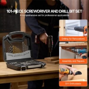 drill bit set, 101 pieces drill and driver bit set, screwdriver bit set suitable for wood metal cement drilling and screw driving, drill bit sets combo kit assorted in organized carrying case