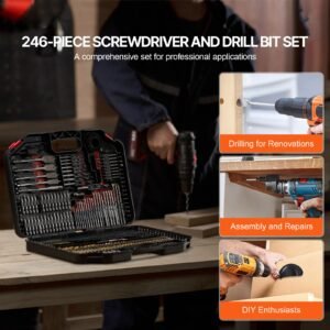 drill bit set, 246 pieces drill and driver bit set, screwdriver bit set suitable for wood metal cement drilling and screw driving, drill bit sets combo kit assorted in organized carrying case