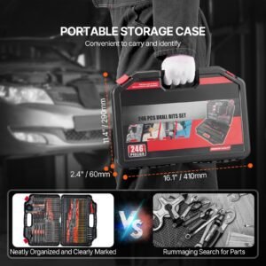 drill bit set, 246 pieces drill and driver bit set, screwdriver bit set suitable for wood metal cement drilling and screw driving, drill bit sets combo kit assorted in organized carrying case
