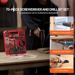 drill bit set, 70 pieces drill and driver bit set, screwdriver bit set suitable for wood metal cement drilling and screw driving, drill bit sets combo kit assorted in organized carrying case