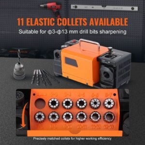 drill bits sharpener, 3 13mm drill bits grinder sharpener, lip relief angle & 95° 135° point angle adjustable drill bit re sharpener, portable sharpening machine with 11 collets, cbn & sdc wheel