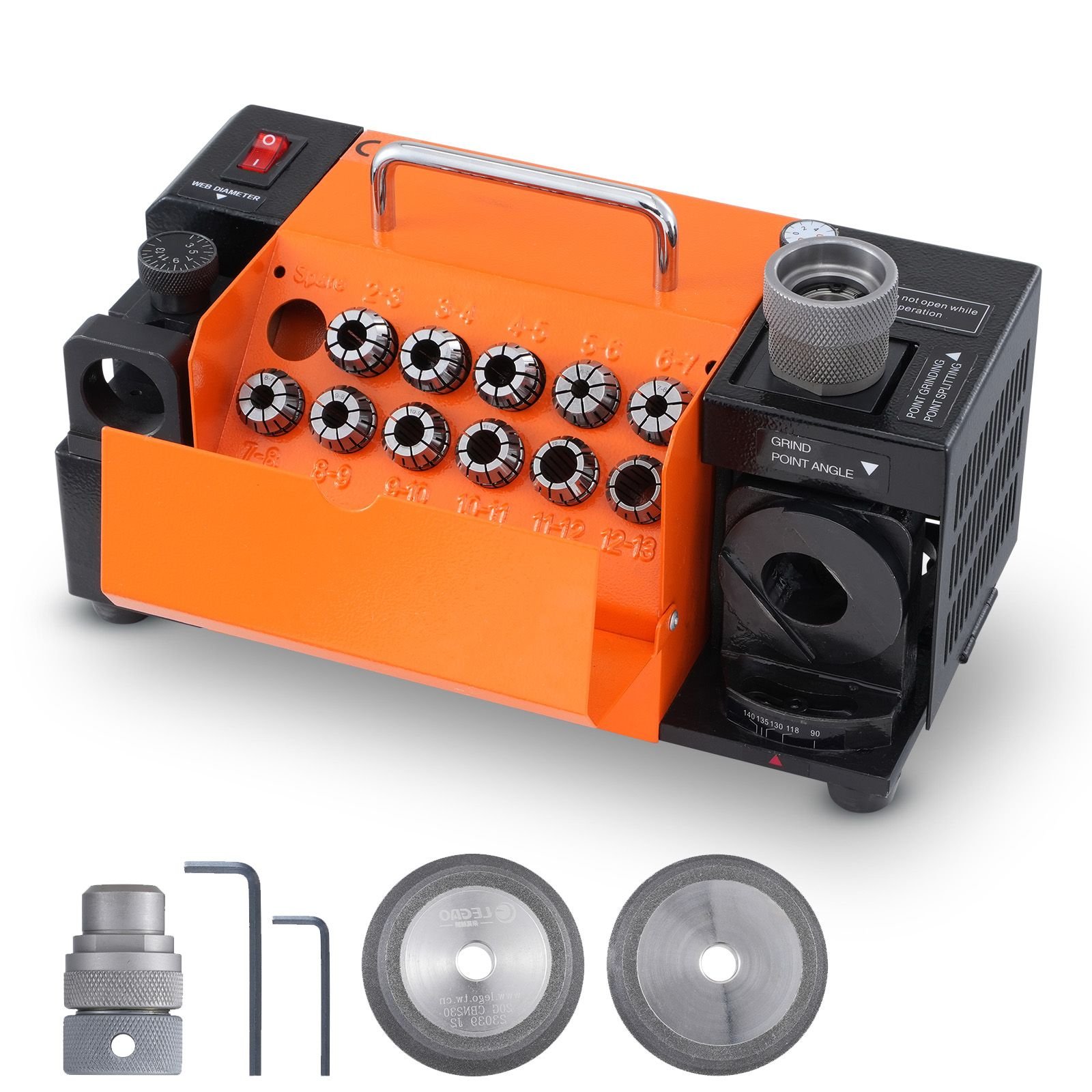 drill bits sharpener, 3 13mm drill bits grinder sharpener, lip relief angle & 95° 135° point angle adjustable drill bit re sharpener, portable sharpening machine with 11 collets, cbn & sdc wheel