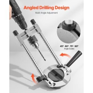 drill guide, multi angle press portable precision drilling guide jig attachment, with large handle and mounting holes, aluminum alloy, for drilling angled or straight holes, for wood working