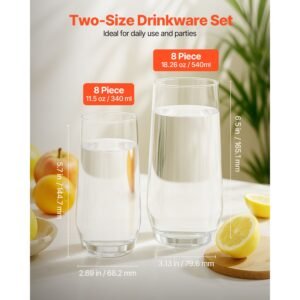 drinking glasses set, 16 piece crystal glass cups, elegant mixed glassware set, with 8 pcs 18.26 oz highball and 8 pcs 11.5 oz cocktail drinkware for kitchen, beer, smoothie, juice, soda, wine