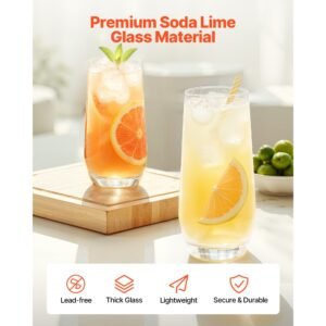 drinking glasses set, 16 piece crystal glass cups, elegant mixed glassware set, with 8 pcs 18.26 oz highball and 8 pcs 11.5 oz cocktail drinkware for kitchen, beer, smoothie, juice, soda, wine