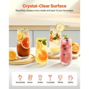drinking glasses set, 16 piece crystal glass cups, elegant mixed glassware set, with 8 pcs 18.26 oz highball and 8 pcs 11.5 oz cocktail drinkware for kitchen, beer, smoothie, juice, soda, wine
