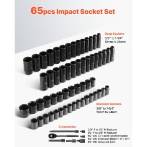 drive impact socket set 1/2" 65pcs deep & standard socket set sae 3/8" to 1 1/4" and metric 10 24mm, 6 point cr v & cr mo alloy steel for auto repair easy to read size markings, storage case