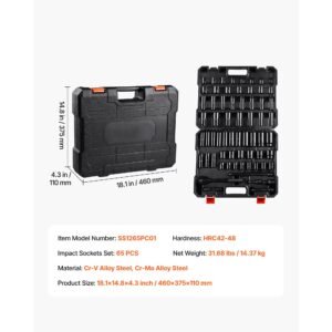 drive impact socket set 1/2" 65pcs deep & standard socket set sae 3/8" to 1 1/4" and metric 10 24mm, 6 point cr v & cr mo alloy steel for auto repair easy to read size markings, storage case