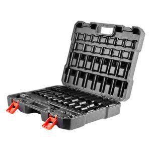 drive impact socket set 1/2" 65pcs deep & standard socket set sae 3/8" to 1 1/4" and metric 10 24mm, 6 point cr v & cr mo alloy steel for auto repair easy to read size markings, storage case