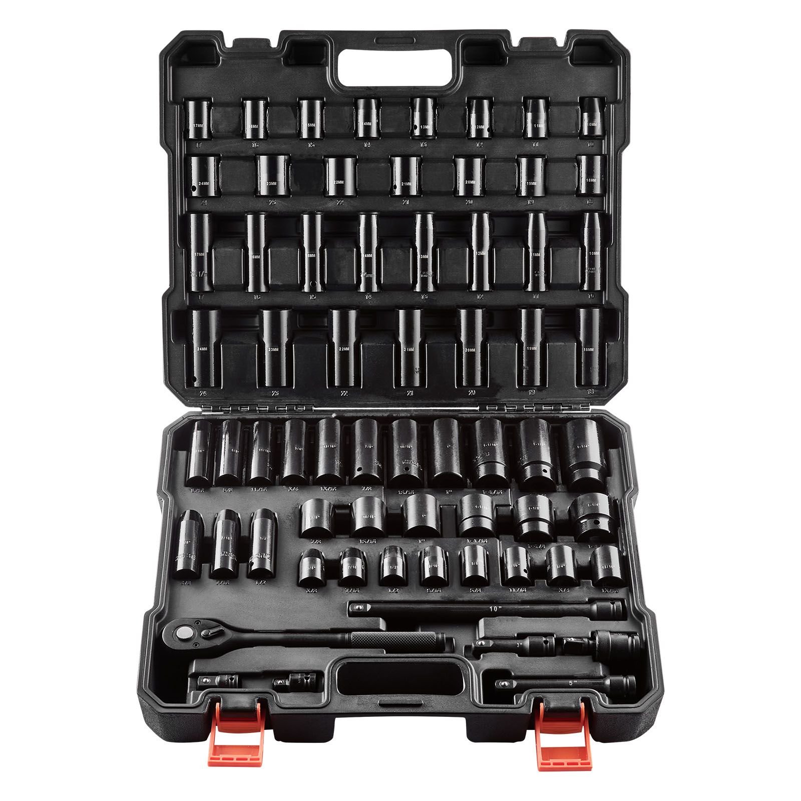 drive impact socket set 1/2" 65pcs deep & standard socket set sae 3/8" to 1 1/4" and metric 10 24mm, 6 point cr v & cr mo alloy steel for auto repair easy to read size markings, storage case