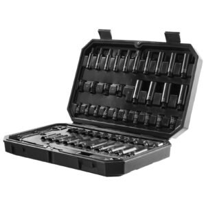 drive impact socket set 1/4" 55 piece deep & shallow socket set sae 5/32" 9/16" and metric 4 15mm 6 point cr v alloy steel for auto repair easy to read size markings storage case