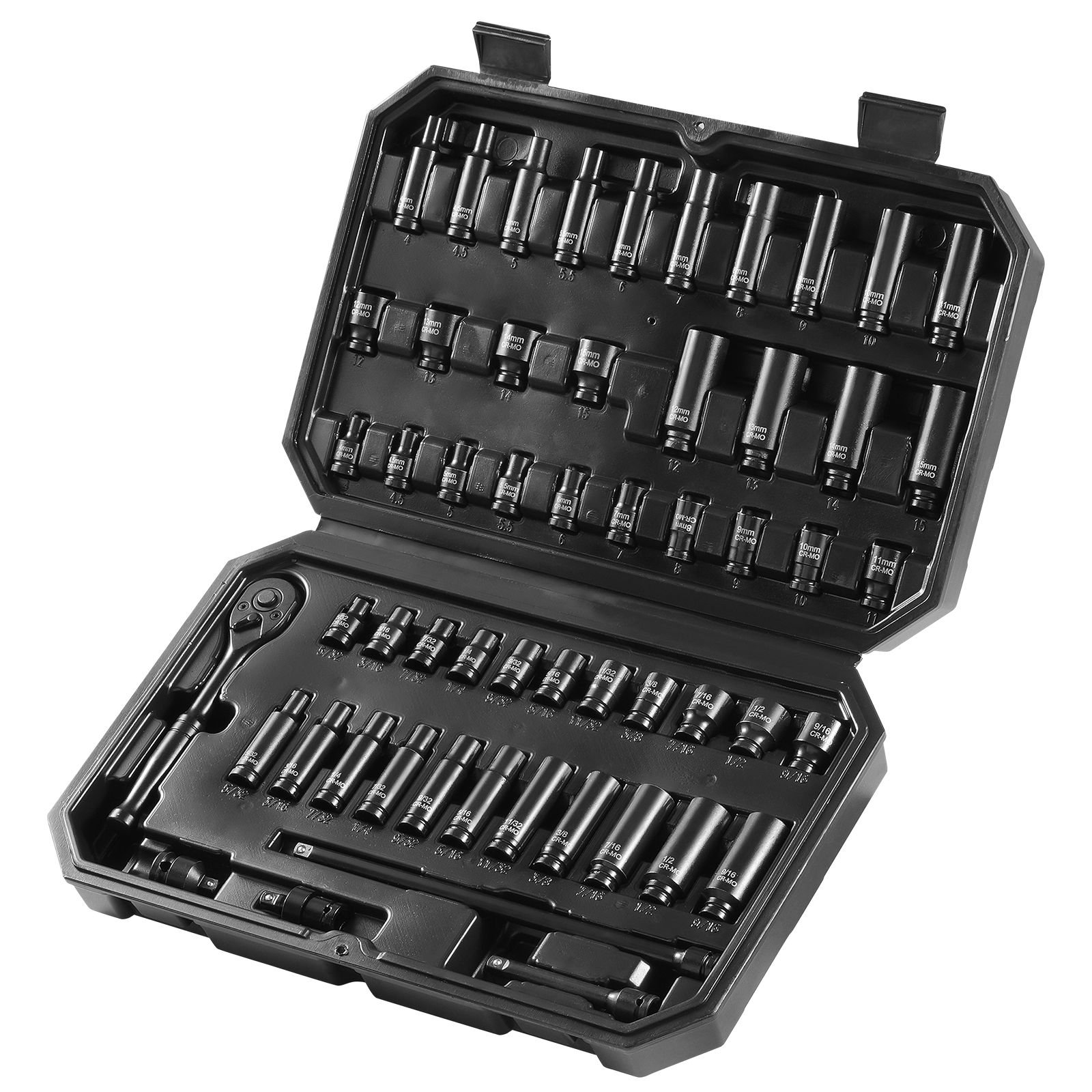drive impact socket set 1/4" 55 piece deep & shallow socket set sae 5/32" 9/16" and metric 4 15mm 6 point cr v alloy steel for auto repair easy to read size markings storage case