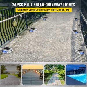 driveway lights 24 pack, solar driveway lights with switch button, solar deck lights waterproof, wireless dock lights 6 leds for path warning garden walkway sidewalk steps, led bright blue