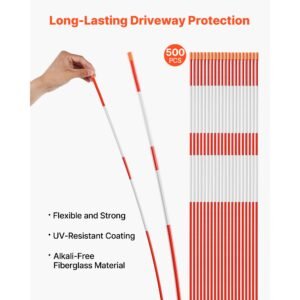 driveway markers, 500pcs 48 in long 1/4 in dia, hi visibility driveway reflectors with 12 in steel drill bits, reflective snow sticks fiberglass pole for parking lots, walkways, snow plowing