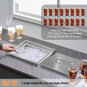 drop in ice chest, 14"l x 12"w x 18"h stainless steel ice cooler, commercial ice bin with cover, 40 qt outdoor kitchen ice bar, drain pipe and drain plug included, for cold wine beer