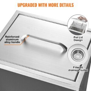 drop in ice chest, 14"l x 12"w x 18"h stainless steel ice cooler, commercial ice bin with cover, 40 qt outdoor kitchen ice bar, drain pipe and drain plug included, for cold wine beer
