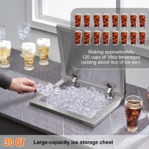 drop in ice chest, 14"l x 12"w x 18"h stainless steel ice cooler, commercial ice bin with hinged cover, 40 qt outdoor kitchen ice bar, drain pipe and drain plug included, for cold wine beer