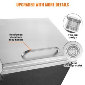 drop in ice chest, 14"l x 12"w x 18"h stainless steel ice cooler, commercial ice bin with hinged cover, 40 qt outdoor kitchen ice bar, drain pipe and drain plug included, for cold wine beer