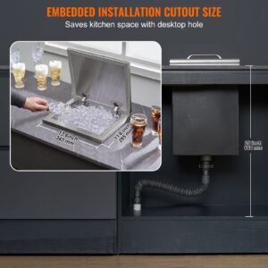 drop in ice chest, 14"l x 12"w x 18"h stainless steel ice cooler, commercial ice bin with hinged cover, 40 qt outdoor kitchen ice bar, drain pipe and drain plug included, for cold wine beer