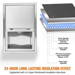 drop in ice chest, 18"l x 12"w x 14.5"h stainless steel ice cooler, commercial ice bin with sliding cover, 40.9 qt outdoor kitchen ice bar, drain pipe and drain plug included, for cold wine beer