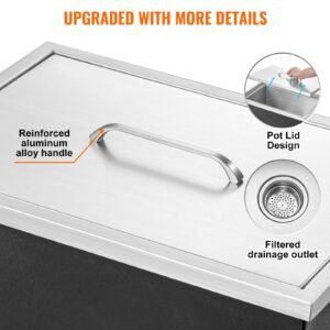 drop in ice chest, 20"l x 14"w x 12"h stainless steel ice cooler, commercial ice bin with cover, 40 qt outdoor kitchen ice bar, drain pipe and drain plug included, for cold wine beer