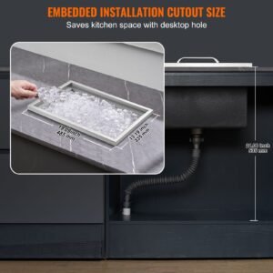 drop in ice chest, 20"l x 14"w x 12"h stainless steel ice cooler, commercial ice bin with cover, 40 qt outdoor kitchen ice bar, drain pipe and drain plug included, for cold wine beer