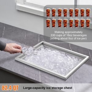 drop in ice chest, 21"l x 17"w x 18"h stainless steel ice cooler, commercial ice bin with cover, 40 qt outdoor kitchen ice bar, drain pipe and drain plug included, for cold wine beer