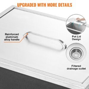 drop in ice chest, 21"l x 17"w x 18"h stainless steel ice cooler, commercial ice bin with cover, 40 qt outdoor kitchen ice bar, drain pipe and drain plug included, for cold wine beer