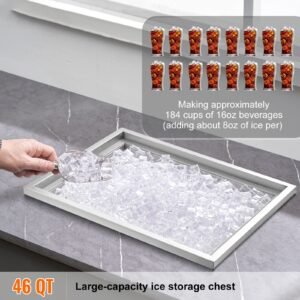 drop in ice chest, 22"l x 17"w x 12"h stainless steel ice cooler, commercial ice bin with cover, 40 qt outdoor kitchen ice bar, drain pipe and drain plug included, for cold wine beer