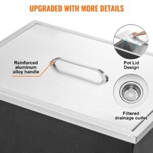 drop in ice chest, 22"l x 17"w x 12"h stainless steel ice cooler, commercial ice bin with cover, 40 qt outdoor kitchen ice bar, drain pipe and drain plug included, for cold wine beer