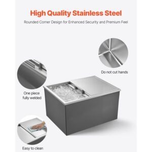 drop in ice chest, 24"l x 18"w x 13"h stainless steel drop in cooler, 57.8 quart commercial ice bin with sliding lid for outdoor kitchen patio bar, drain pipe set included, for cold wine beer