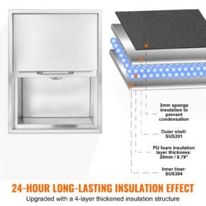 drop in ice chest, 24"l x 18"w x 13"h stainless steel ice cooler, commercial ice bin with sliding cover, 40.9 qt outdoor kitchen ice bar, drain pipe and drain plug included, for cold wine beer