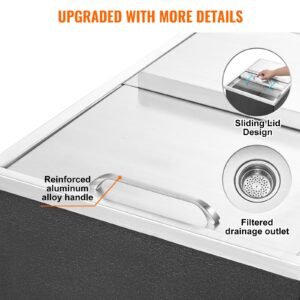 drop in ice chest, 24"l x 18"w x 13"h stainless steel ice cooler, commercial ice bin with sliding cover, 40.9 qt outdoor kitchen ice bar, drain pipe and drain plug included, for cold wine beer